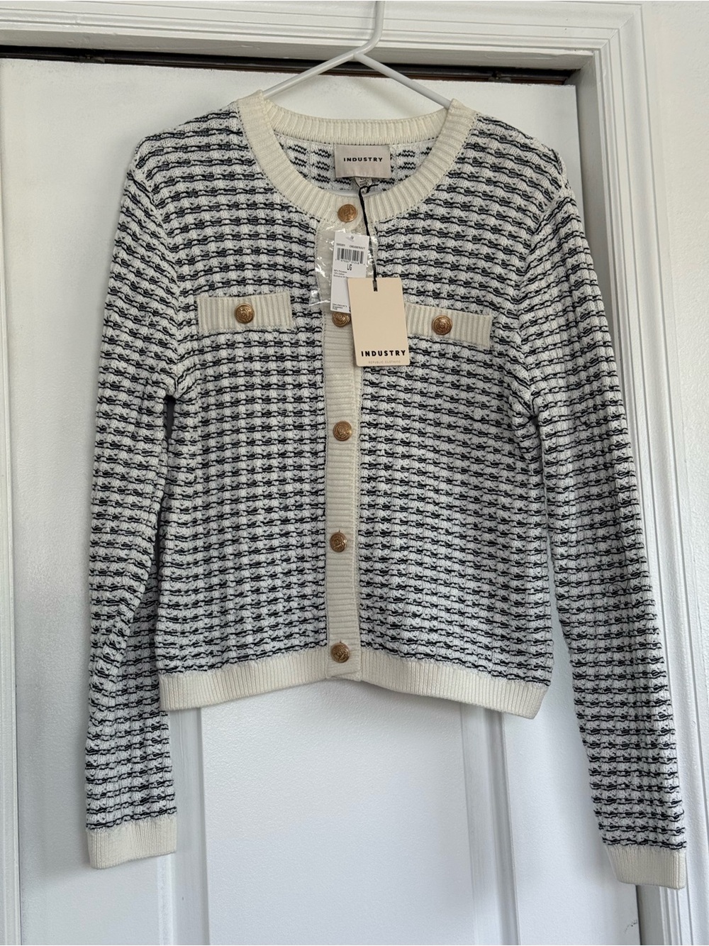 Industry White & Black Textured Tweed-Style Knit Blazer